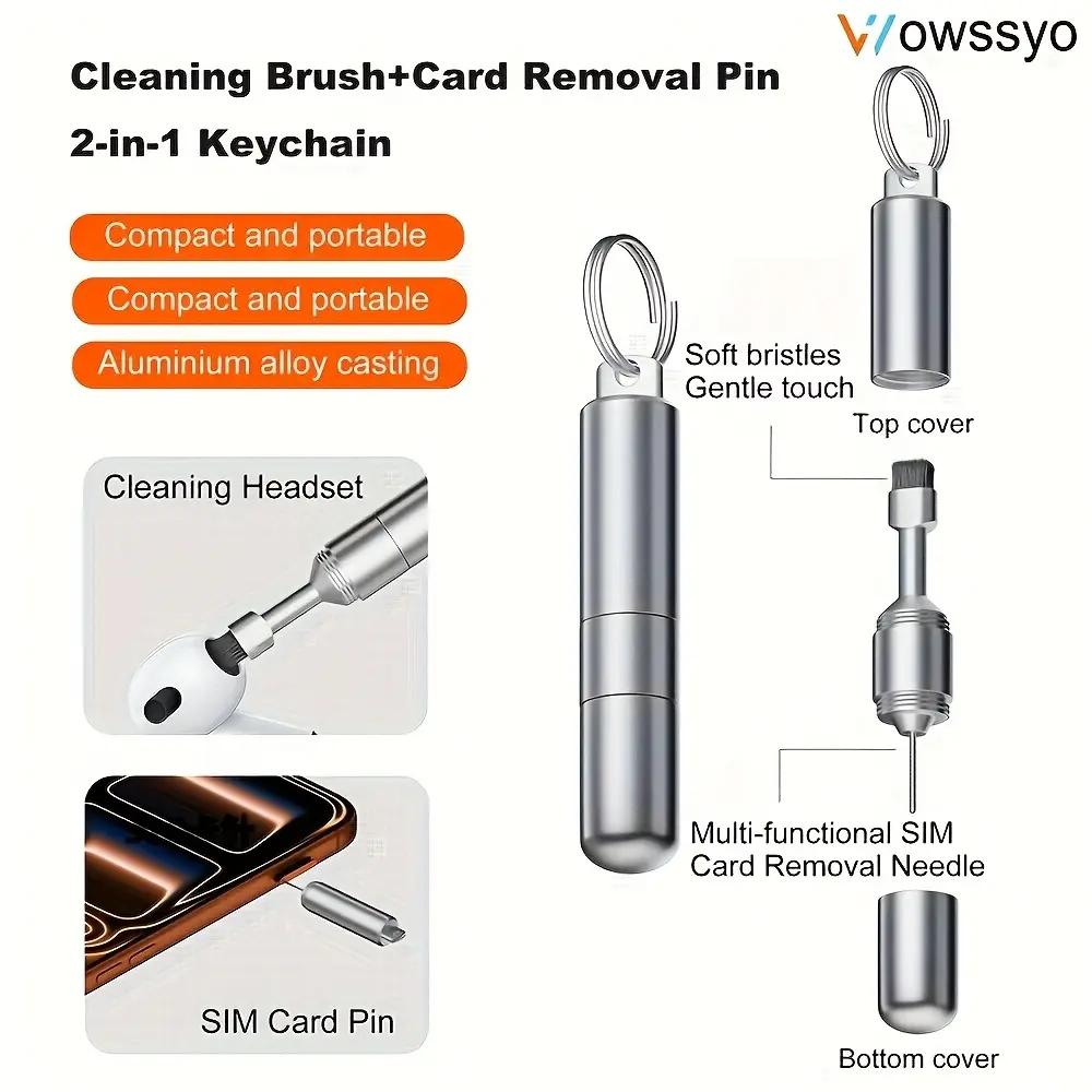 2-in-1 Phone SIM Ejector Pin + Cleaning Brush Keychain Multi-Functional Tool