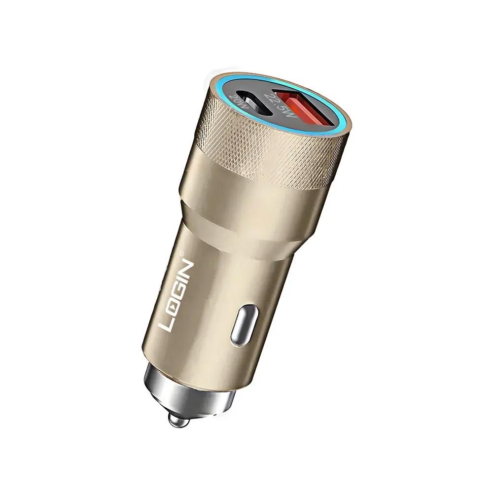 Login L-601 Car Charger - 45W Fast Charging Dual Port (PD + USB) LED Indicator Metal Body PD Cable Included