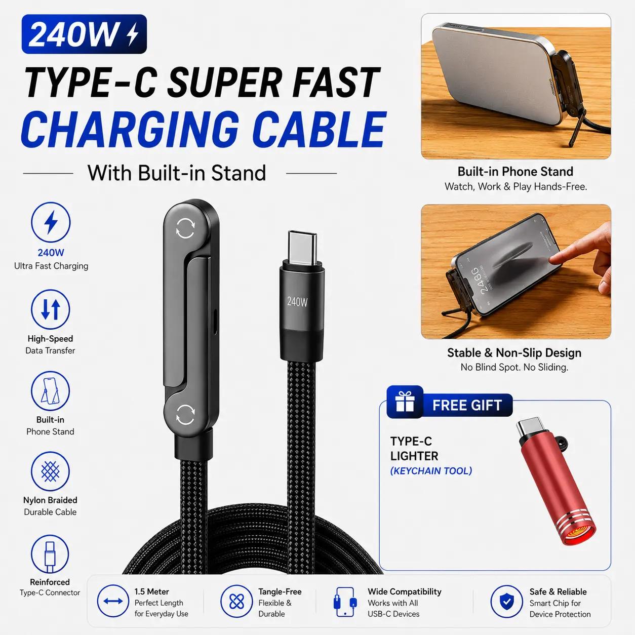 240W Fast Charging Type-C Data Cable with Built-in Phone Stand + Free Type-C Lighter (Limited Offer)